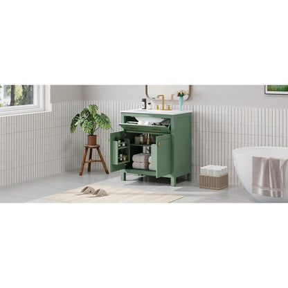 30-inch Bathroom Vanity with Ceramic Sink, Modern Green Single Bathroom Cabinet with 2 Doors and a Shelf, Soft Close Doors