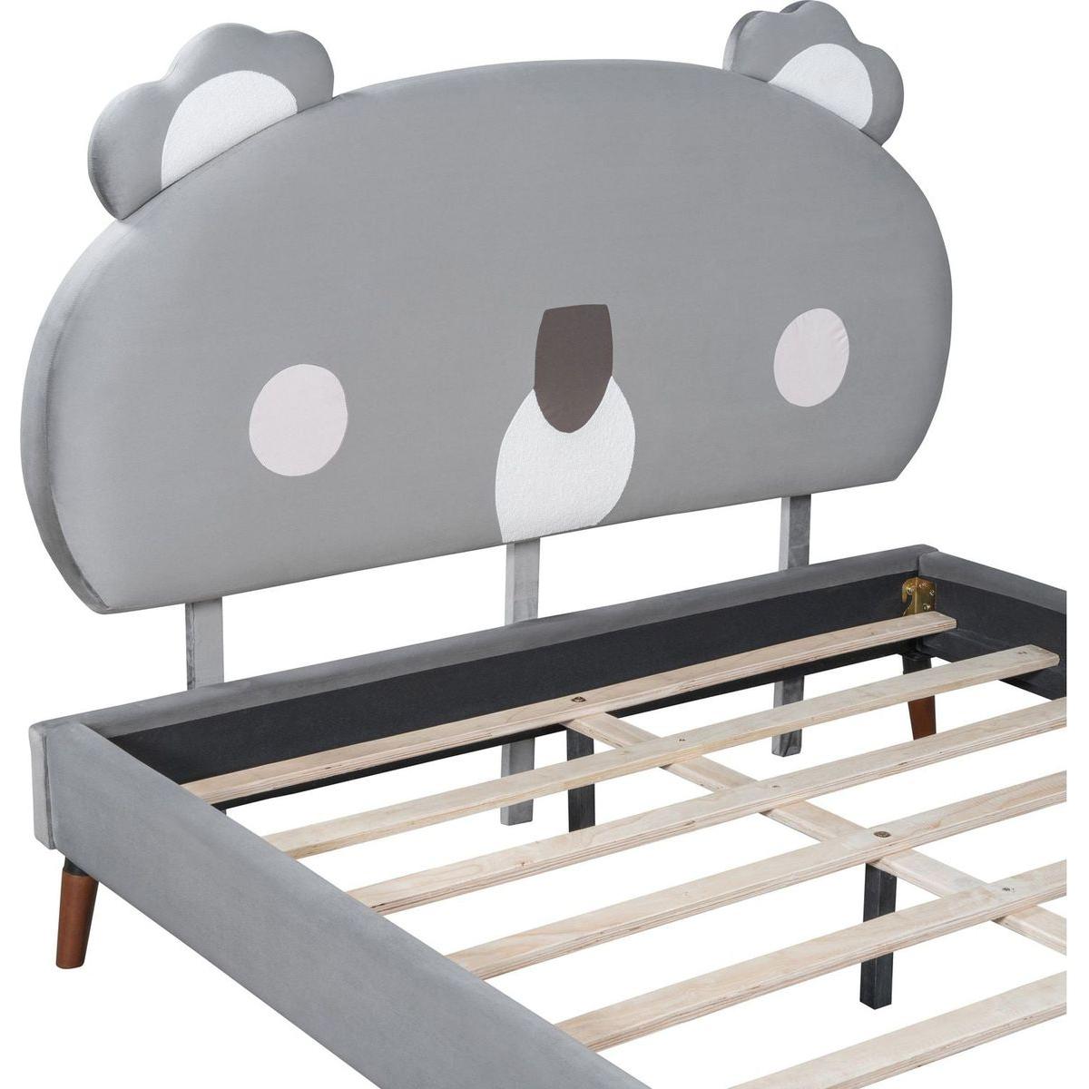 Full Size Upholstered Platform Bed with Koala-Shaped Headboard, Gray