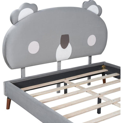 Full Size Upholstered Platform Bed with Koala-Shaped Headboard, Gray