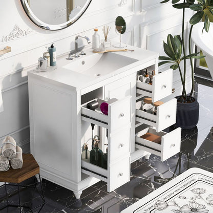 Contemporary White Bathroom Vanity Cabinet - 36x18x34 inches, 4 Drawers & 1 Cabinet Door, Multipurpose Storage, Resin Integrated Sink, Adjustable Shelves, Solid Wood Frame with MDF