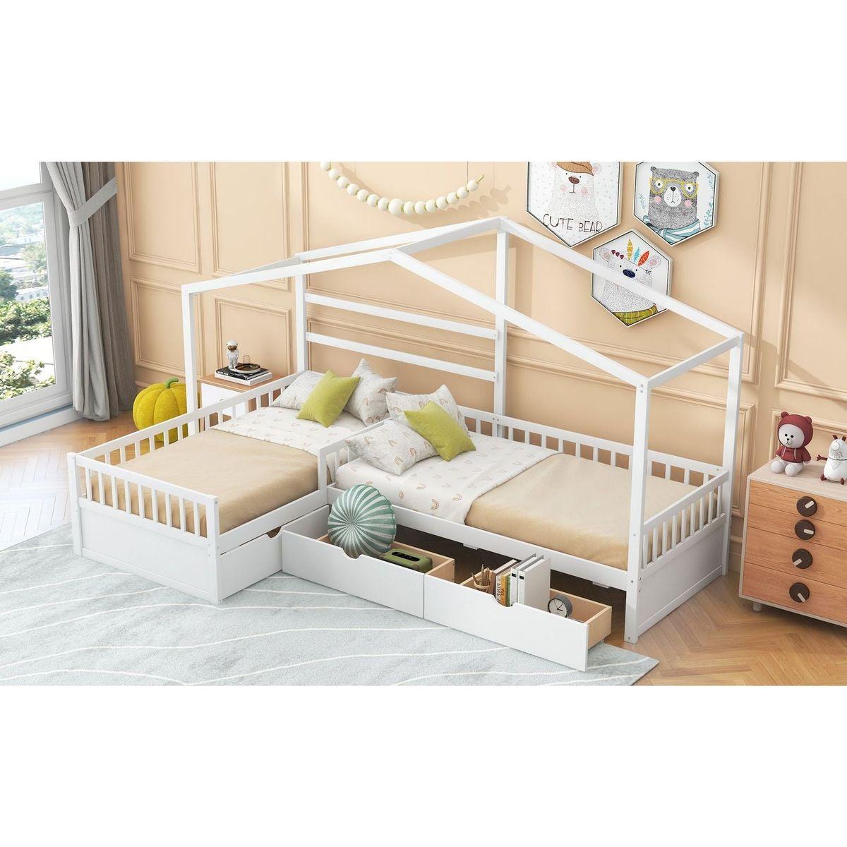 Twin Size House Platform Bed with Three Storage Drawers,White