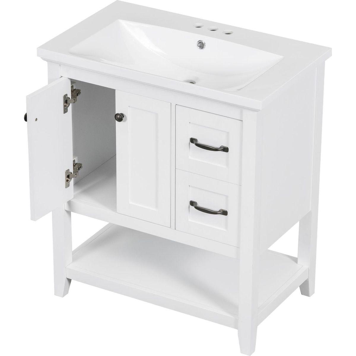 30" Bathroom Vanity with Ceramic Sink Top, Vanity Cabinet with Multi-Functional Drawer, Solid Wood Legs, White