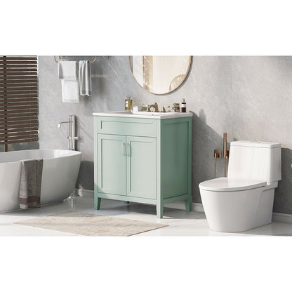 30" Bathroom Vanity with Sink, Multi-functional Bathroom Cabinet with Doors and Drawers, Solid Frame and MDF Board, Green