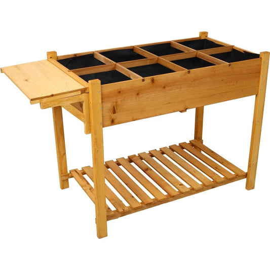 8 Pockets Horticulture Raised Garden Bed Elevated Wood Planter Box Stand with Foldable Side Table and Storage Shelf for Herb/Vegetables/Flowers