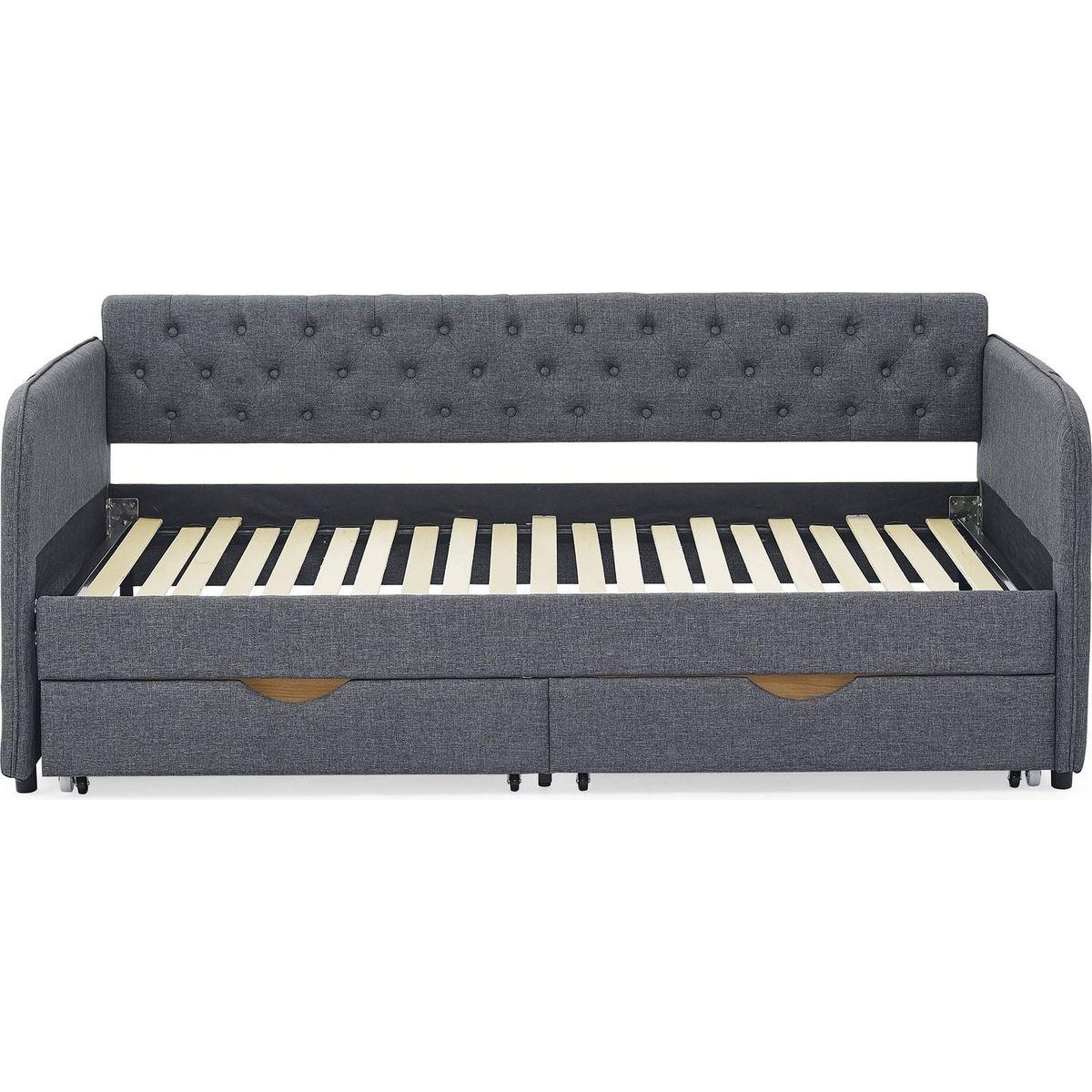 Twin Size Upholstery Daybed with Trundle Bed and Two Storage Drawers, Flat Arms with Pocket, Extendable Daybed for Bedroom Living Room,Linen Dark Gray
