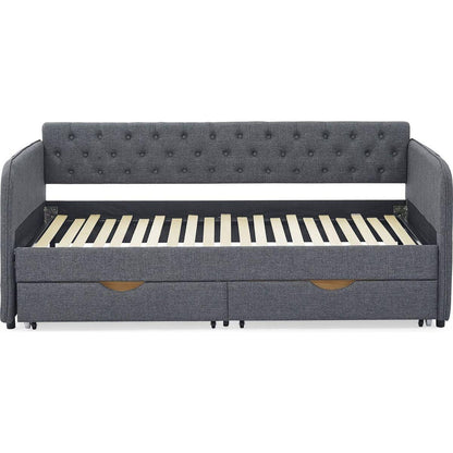 Twin Size Upholstery Daybed with Trundle Bed and Two Storage Drawers, Flat Arms with Pocket, Extendable Daybed for Bedroom Living Room,Linen Dark Gray