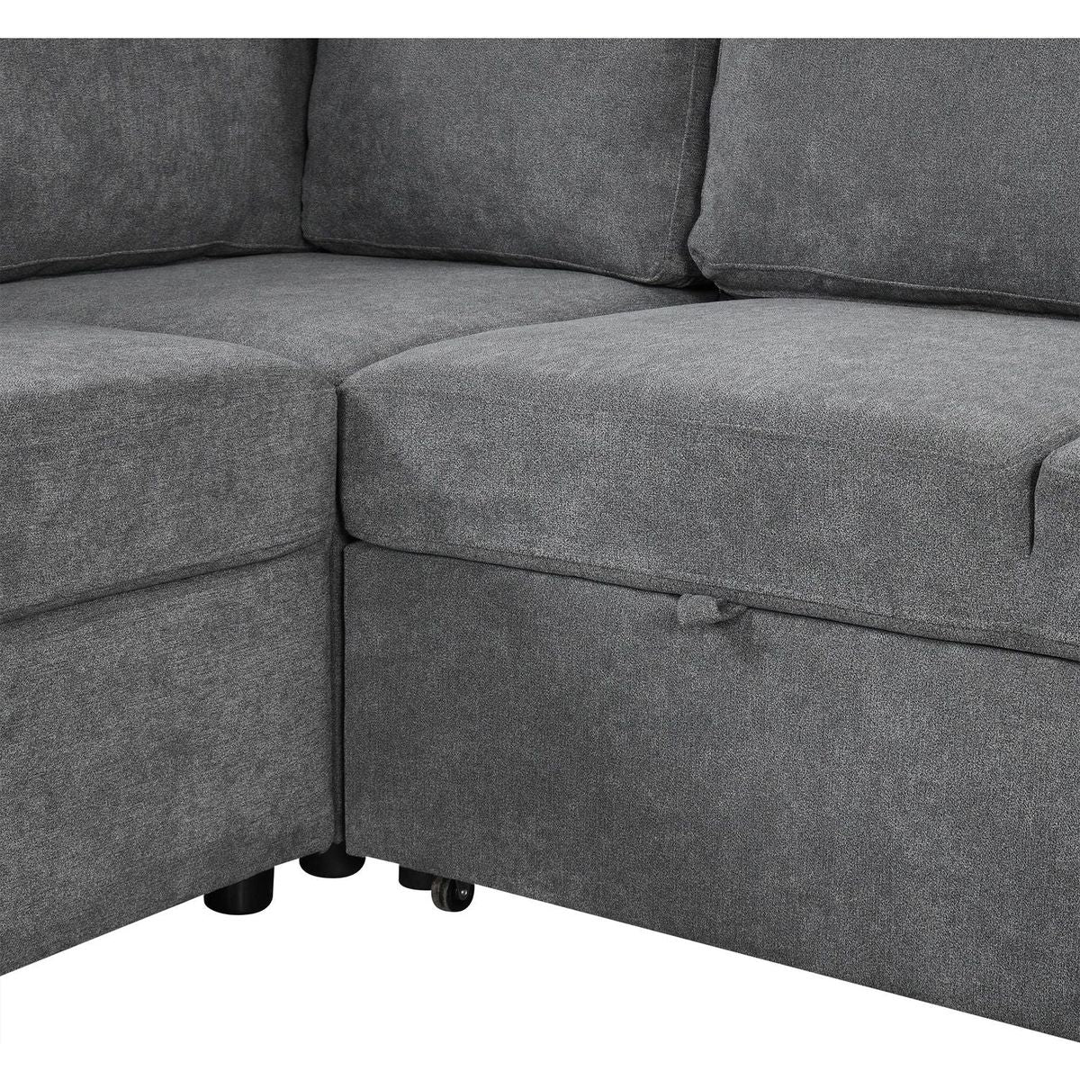 109" U-shaped Sectional Sofa Pull-out Sofa Bed with Two USB Ports, a Storage Chaise Lounge and Four Back Pillows for Living Room, Grey