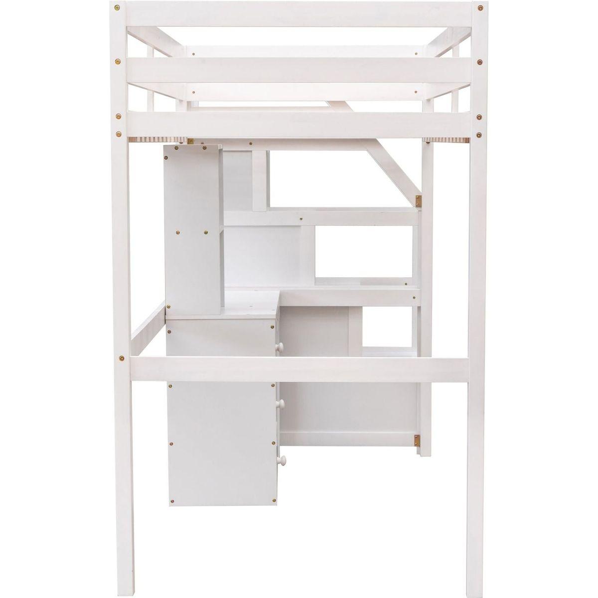 Twin Size Loft Bed with a Stand-alone Bed, Storage Staircase, Desk, Shelves and Drawers, White