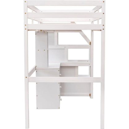 Twin Size Loft Bed with a Stand-alone Bed, Storage Staircase, Desk, Shelves and Drawers, White