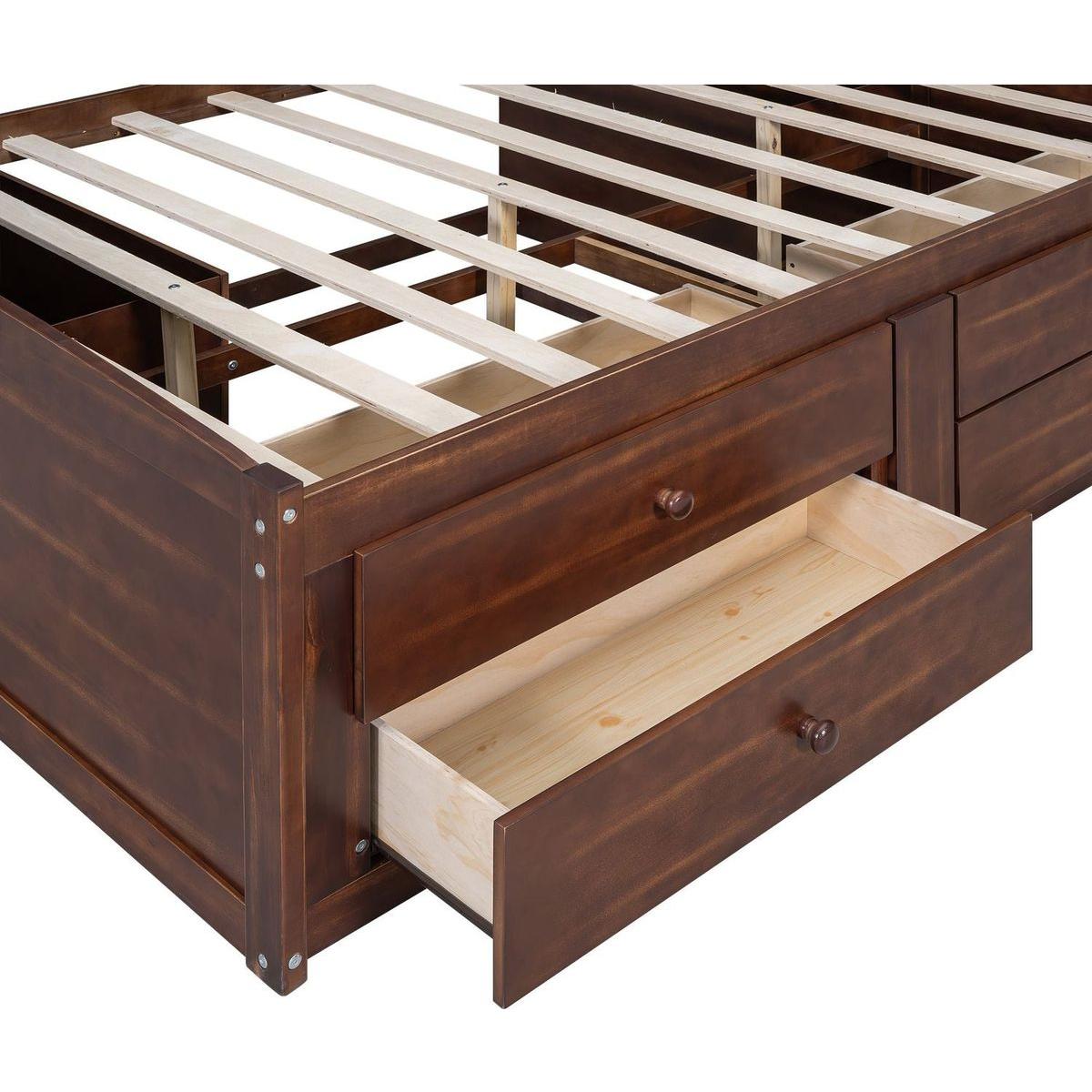 Full Size Wooden Captain Bed with Built-in Storage Shelves, 4 Drawers and 2 Cabinets, Antique Brown