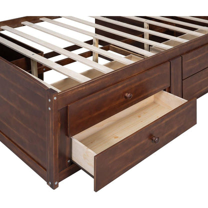 Full Size Wooden Captain Bed with Built-in Storage Shelves, 4 Drawers and 2 Cabinets, Antique Brown
