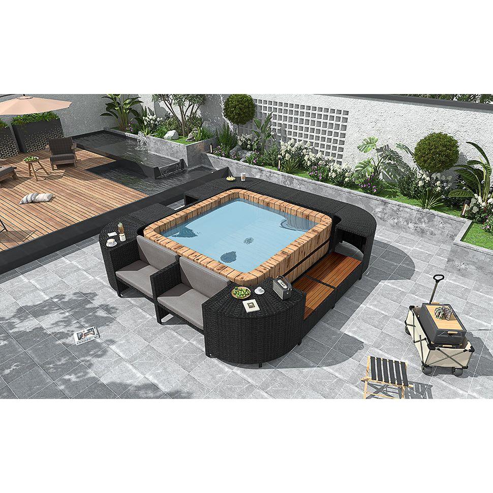 Spa Surround Spa Frame Quadrilateral Outdoor Rattan Sectional Sofa Set with Mini Sofa, Wooden Seats and Storage Spaces, Grey