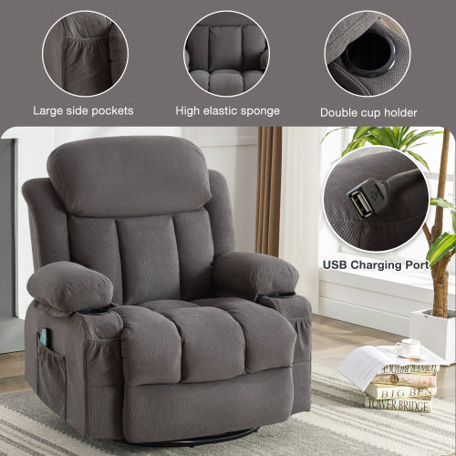 Swinging recliner massage heated sofa, with USB and 2 cup holders in side pockets, PackageA+B (GREY)