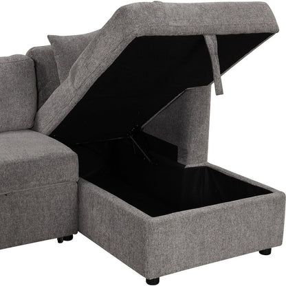 108.6" U-shaped Sectional Sofa Pull out Sofa Bed with Two USB Ports, Two Power Sockets, Three Back Pillows and a Storage Chaise for Living Room, Light Gray