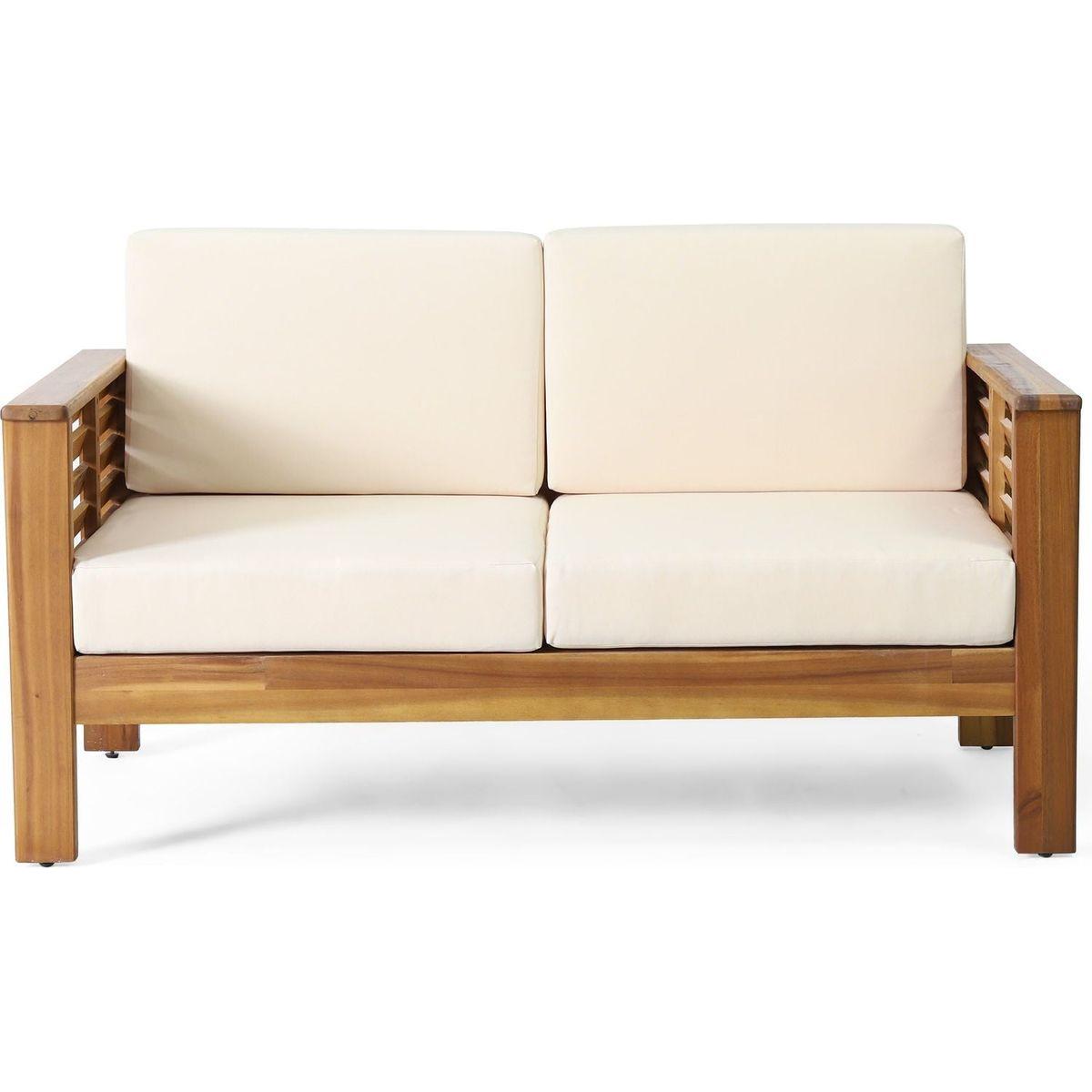 Teak Acacia Wood Loveseat and Coffee Table Set with Cream Cushions