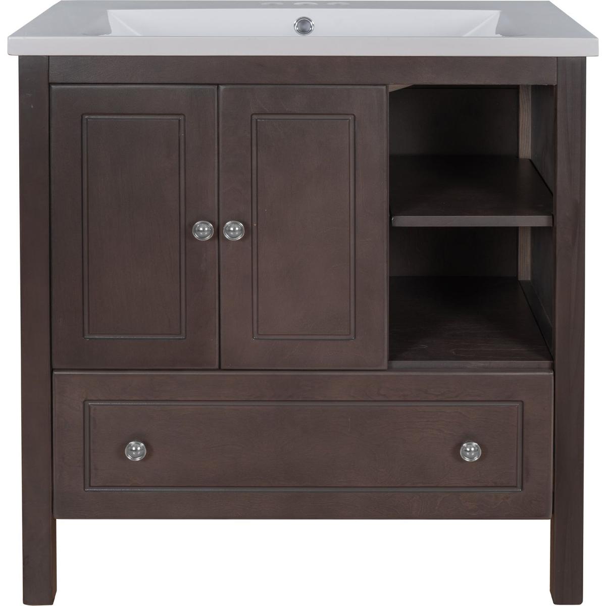 30" Bathroom Vanity with Sink, Bathroom Storage Cabinet with Doors and Drawers, Solid Wood Frame, Ceramic Sink, Brown