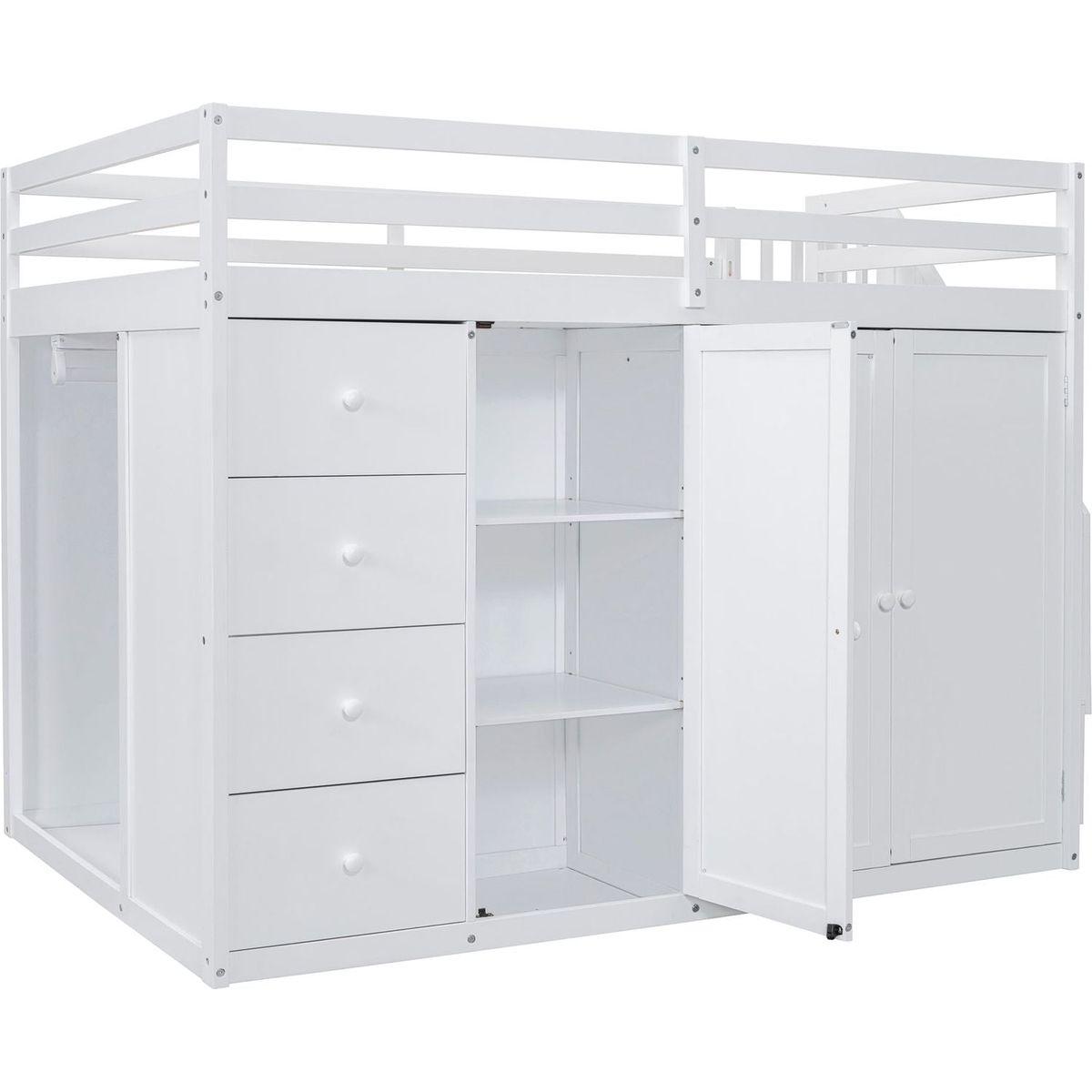 Full Size Wood Loft Bed With Built-in Wardrobes, Cabinets and Drawers, White
