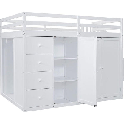 Full Size Wood Loft Bed With Built-in Wardrobes, Cabinets and Drawers, White