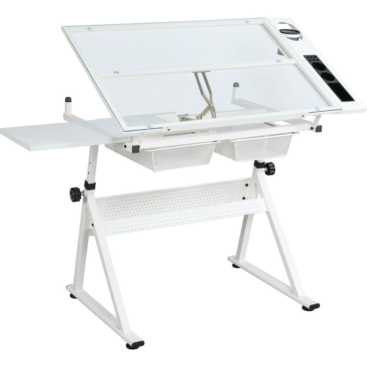 WHITE adjustable tempered glass drafting printing table with chair
