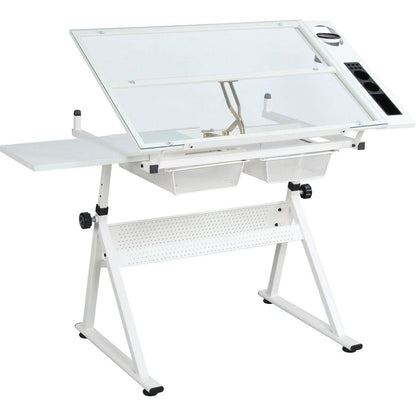 WHITE adjustable tempered glass drafting printing table with chair