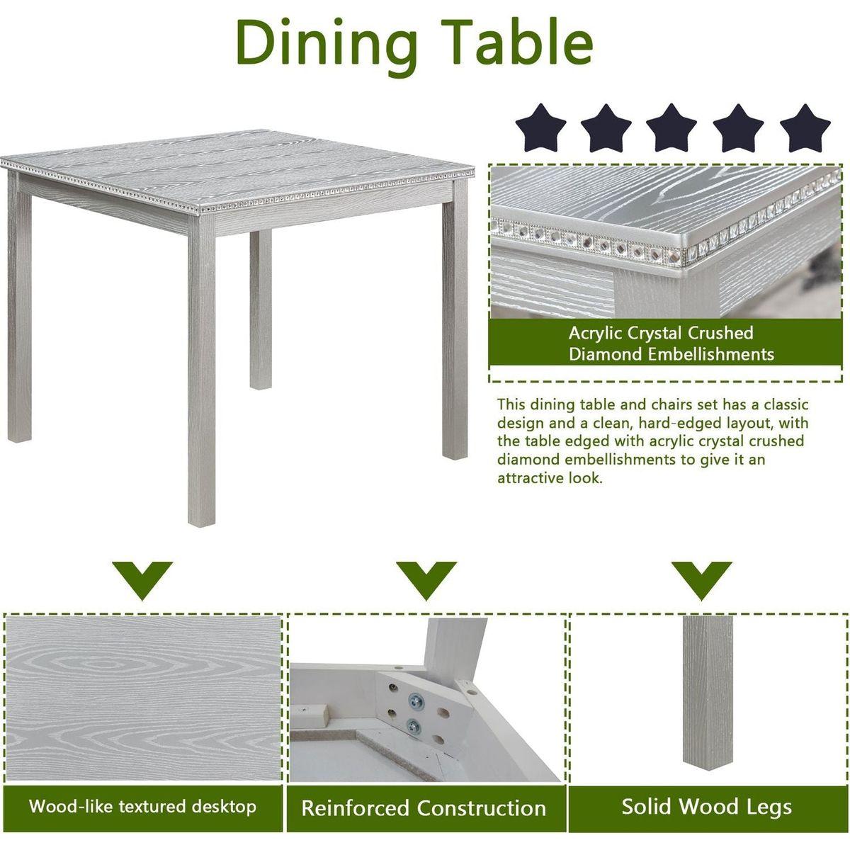 5 Piece Wooden Dining Table Set, Kitchen Table Set with a Square Table and 4 Upholstered Chairs, Wooden Dining Room Table with Crystal Decoration and Chairs Set for Kitchen, Dining Room, Gray