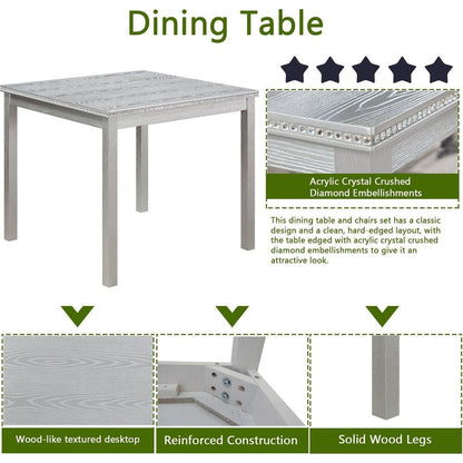 5 Piece Wooden Dining Table Set, Kitchen Table Set with a Square Table and 4 Upholstered Chairs, Wooden Dining Room Table with Crystal Decoration and Chairs Set for Kitchen, Dining Room, Gray