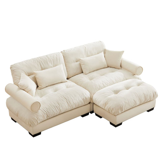 Modern Oversized Velvet Two-Seater Sofa with Ottoman and Bolster Armrests, Cream