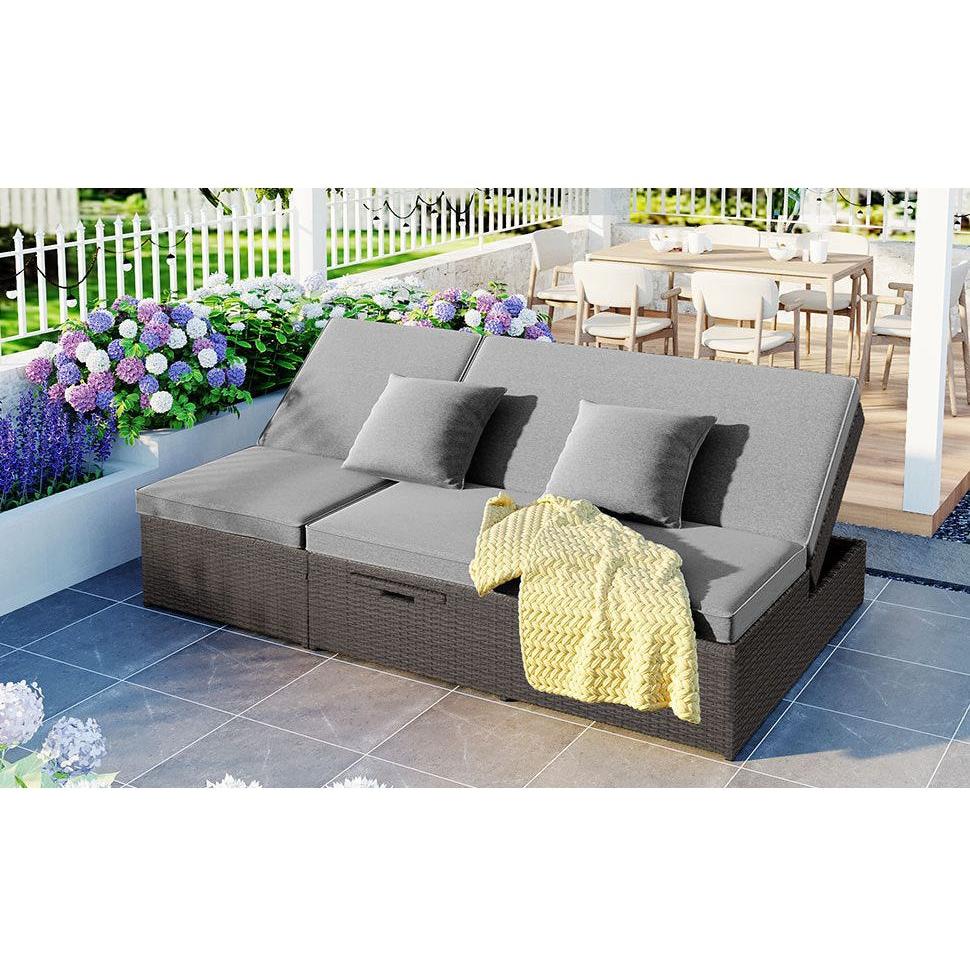 Outdoor Double Sunbed, Wicker Rattan Patio Reclining Chairs with Adjustable Backrest and Seat, Conversational Set for 2 Person, Gray