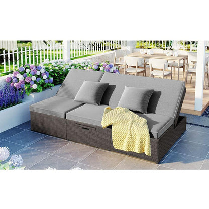 Outdoor Double Sunbed, Wicker Rattan Patio Reclining Chairs with Adjustable Backrest and Seat, Conversational Set for 2 Person, Gray