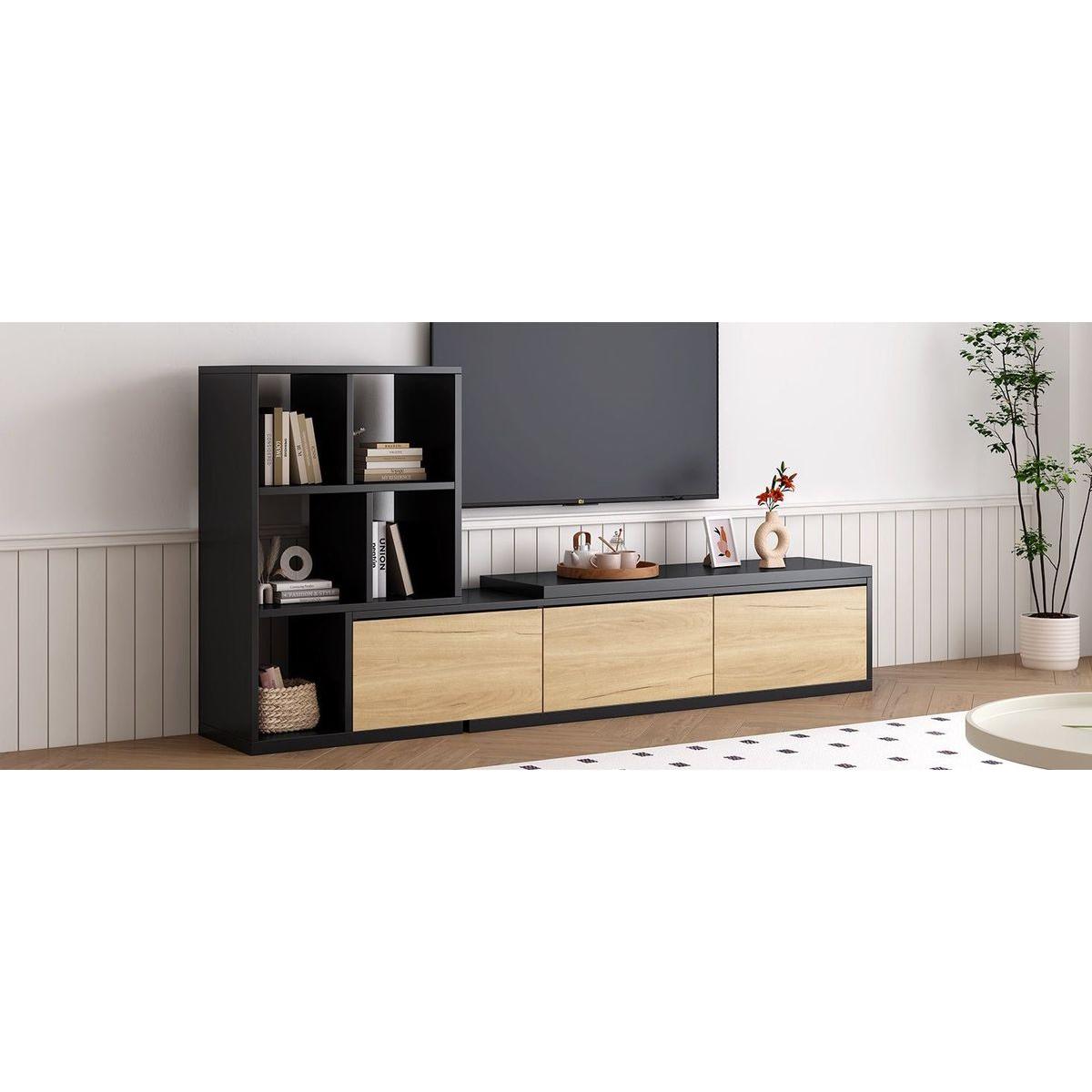 74.8"-126" Extendable TV Stand with 3 Tier Bookshelves for TVs up to 110", Adjustable Entertainment Center with Storage Cabinets, Sliding Tabletop Media Console for Living Room, Black