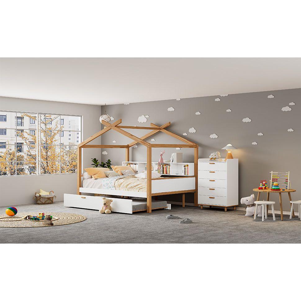 White Twin Size Wooden House Bed with Original Wood Colored Frame Twin Size Trundle and Bookshelf Storage Space for Children or Guest Room