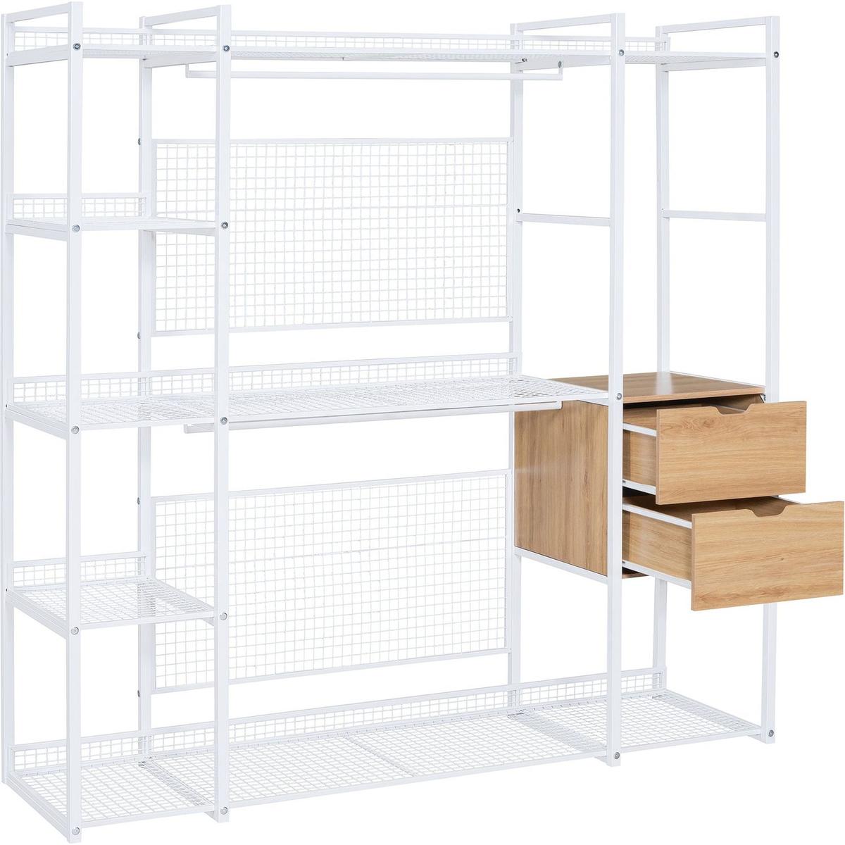 Open-Style Wardrobe with Hanging Rails, Shelves and Drawers, White