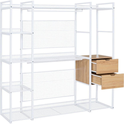 Open-Style Wardrobe with Hanging Rails, Shelves and Drawers, White