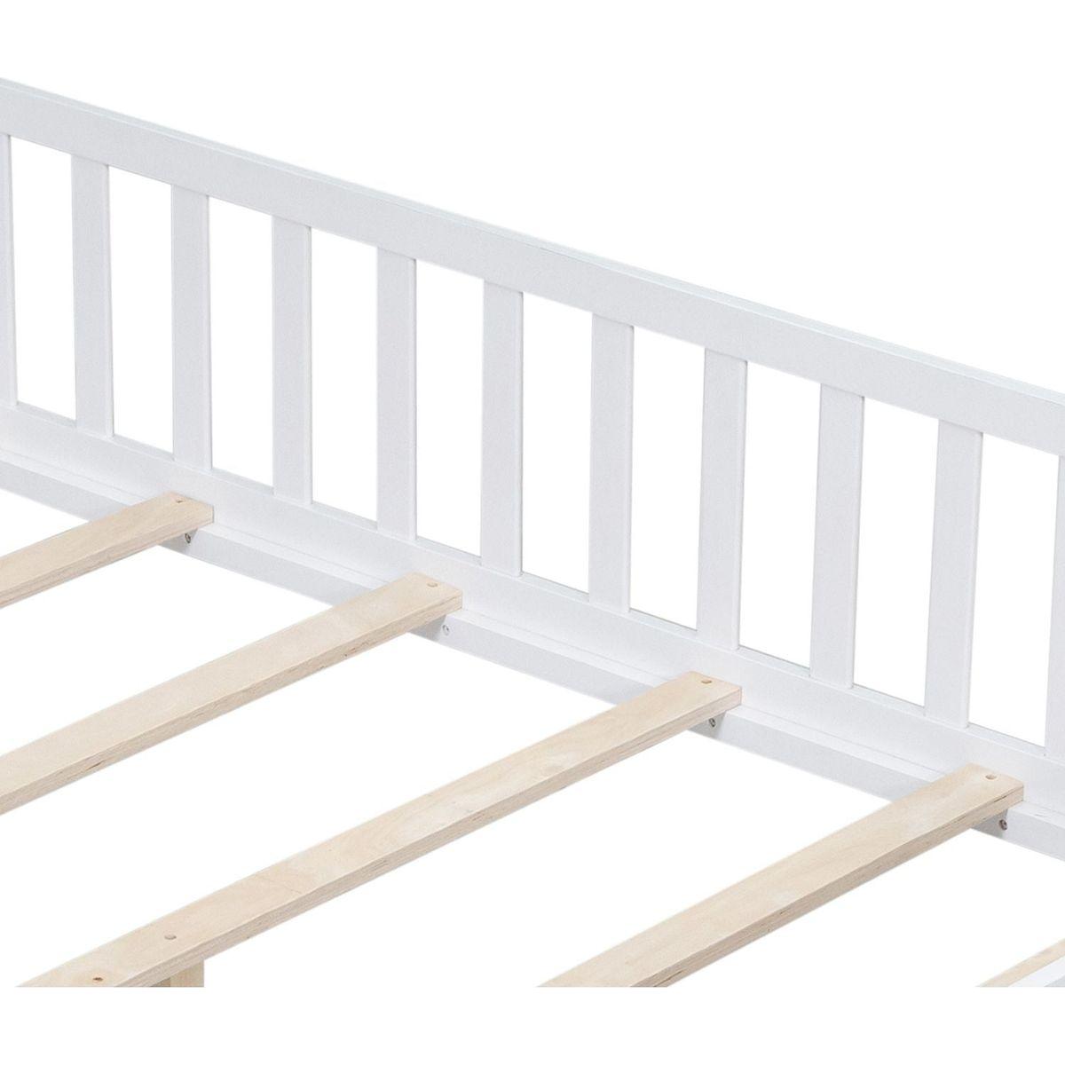 Full Size Floor Platform Bed with Fence and Door for Kids, Montessori Floor Bed Frame with Support Slats for Toddlers, Wooden Floor Bed White