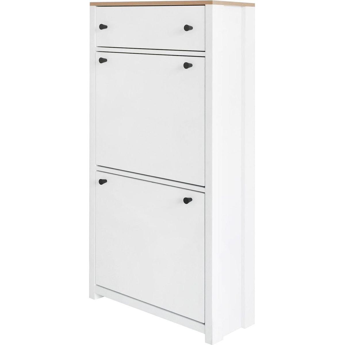 Slim Shoe Cabinet Set with 4 Flip Drawers, Wood Grain Pattern Top Shoe Storage Solution with Adjustable Panel, Modern Style Shoe Rack with Drawers for Hallway, White