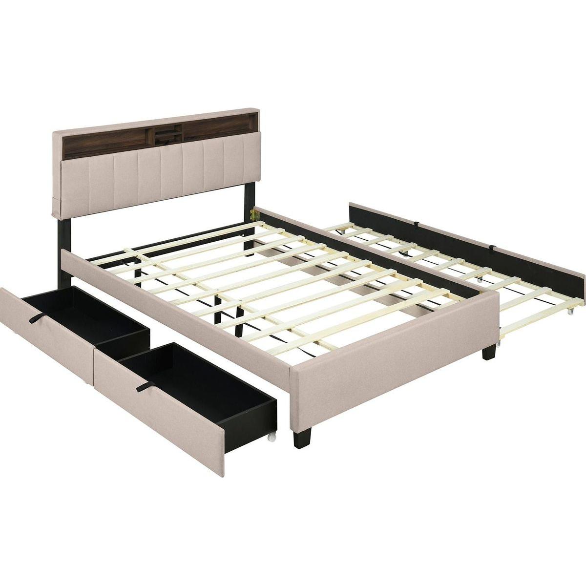 Queen size Upholstered Platform Bed with Storage Headboard, Twin XL Size Trundle & 2 drawers and a set of Sockets & USB Ports, Linen Fabric, Beige