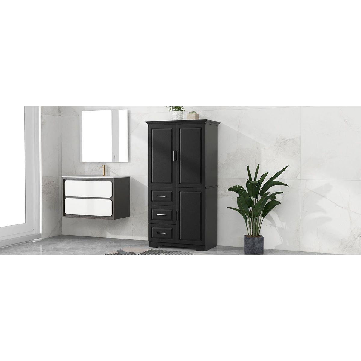 Tall and Wide Storage Cabinet with Doors for Bathroom/Office, Three Drawers, Black