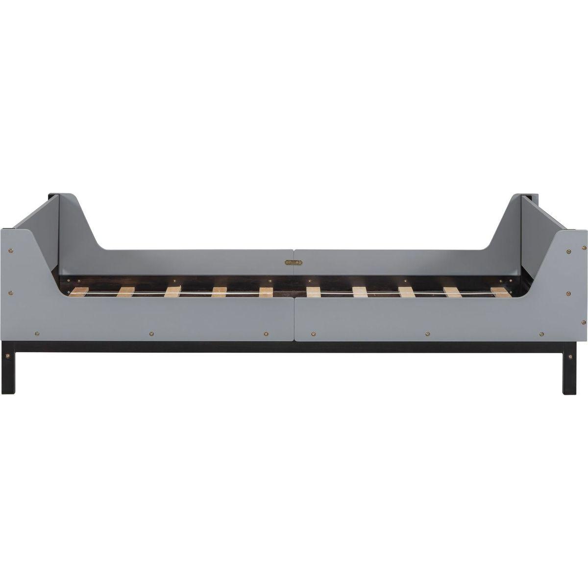 Twin Bed with Headboard, Footboard, Safeguards, Built-in Bed-end Book Storage Rack, Grey