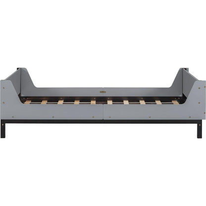 Twin Bed with Headboard, Footboard, Safeguards, Built-in Bed-end Book Storage Rack, Grey