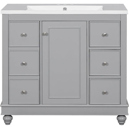 Contemporary Gray Bathroom Vanity Cabinet - 36x18x34 inches, 4 Drawers & 1 Cabinet Door, Multipurpose Storage, Resin Integrated Sink, Adjustable Shelves, Solid Wood Frame with MDF