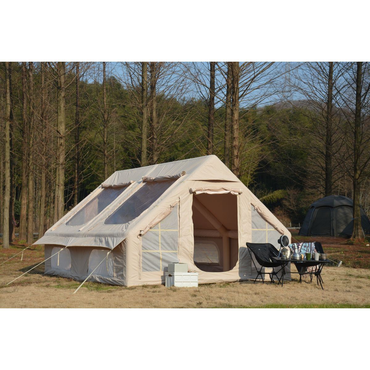 9.8 x13ft  Inflatable Camping Tents with Hand Pump, Air Glamping Tents, Easy Setup Waterproof and Windproof Blow up Tent, 4 Seasons Oxford Cabin Tent with Mesh & Chimney Window. Beige