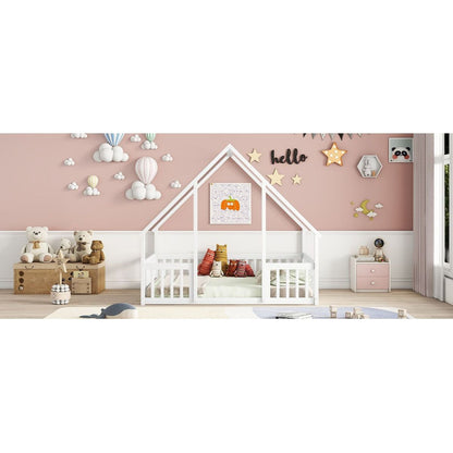 Full Wood House-Shaped Floor Bed with Fence, Guardrails,White
