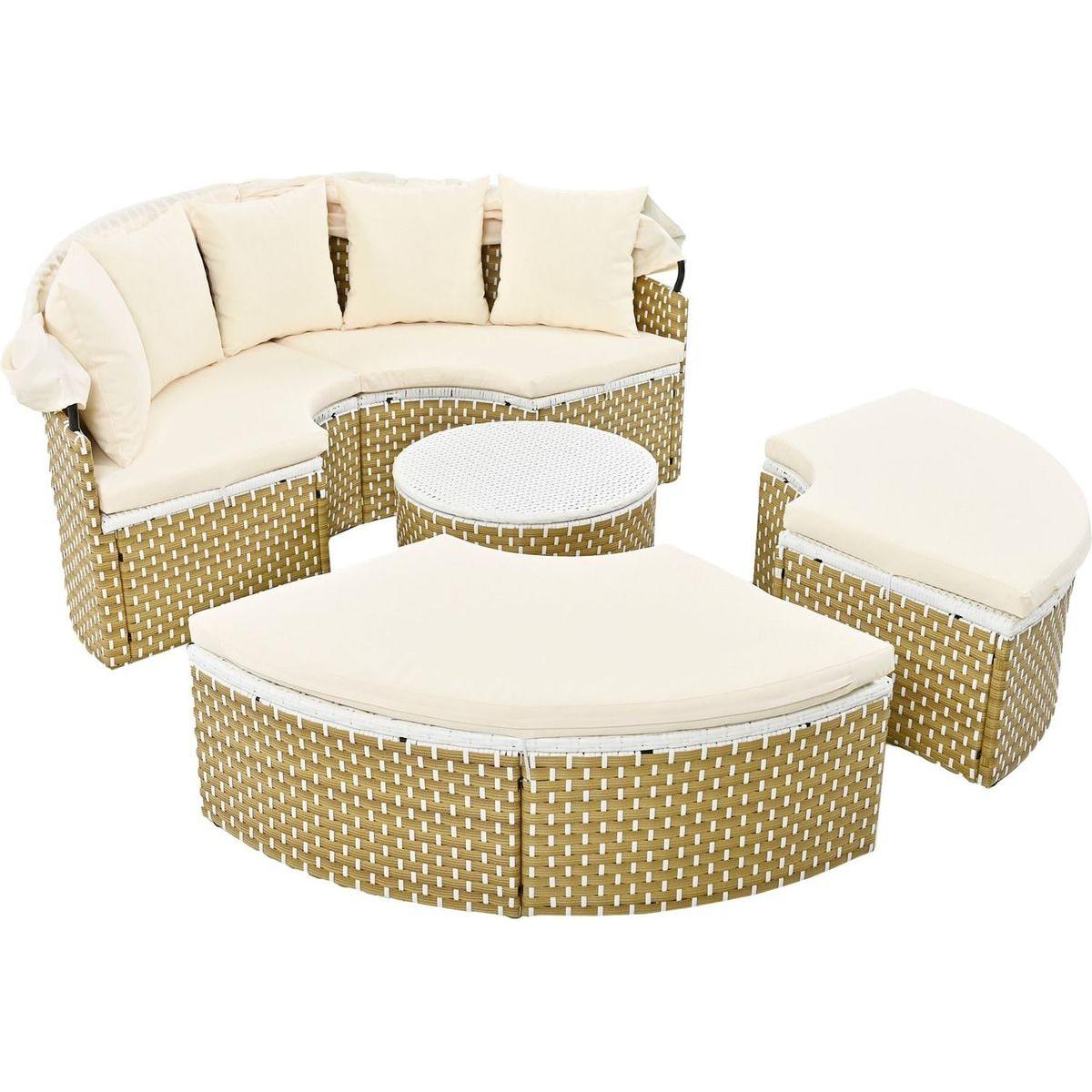 Patio Furniture Round Outdoor Sectional Sofa Set Rattan Daybed Two-Tone Weave Sunbed with Retractable Canopy, Separate Seating and Removable Cushion, Beige
