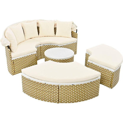 Patio Furniture Round Outdoor Sectional Sofa Set Rattan Daybed Two-Tone Weave Sunbed with Retractable Canopy, Separate Seating and Removable Cushion, Beige