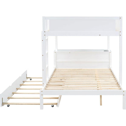 Full-Over-Full Bunk Bed with Twin size Trundle, Storage and Desk, White