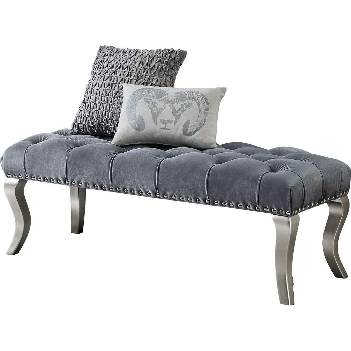 Decor Maxem Tufted Fabric Upholstered Bench Nailhead Trim, Gray