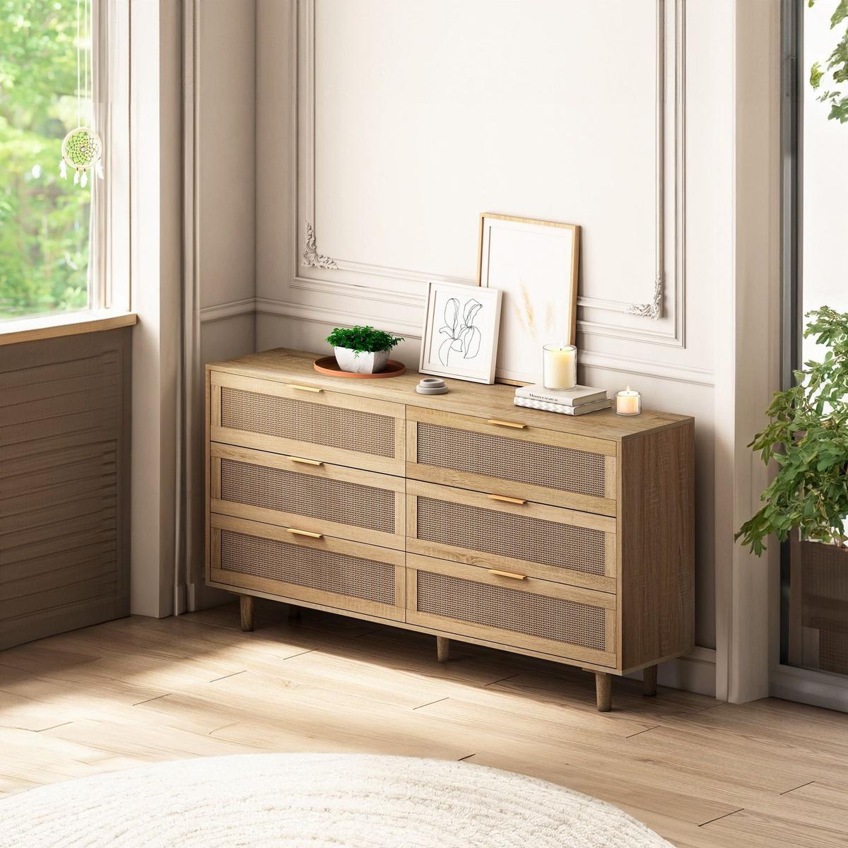 59.06"6-Drawers Rattan Storage Cabinet Rattan Drawer,for Bedroom,Living Room,Natural