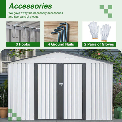 10X8 FT Outdoor Storage Shed, All Weather Metal Sheds with Lockable Doors, Tool Shed for Garden, Patio, Backyard, Lawn, Grey