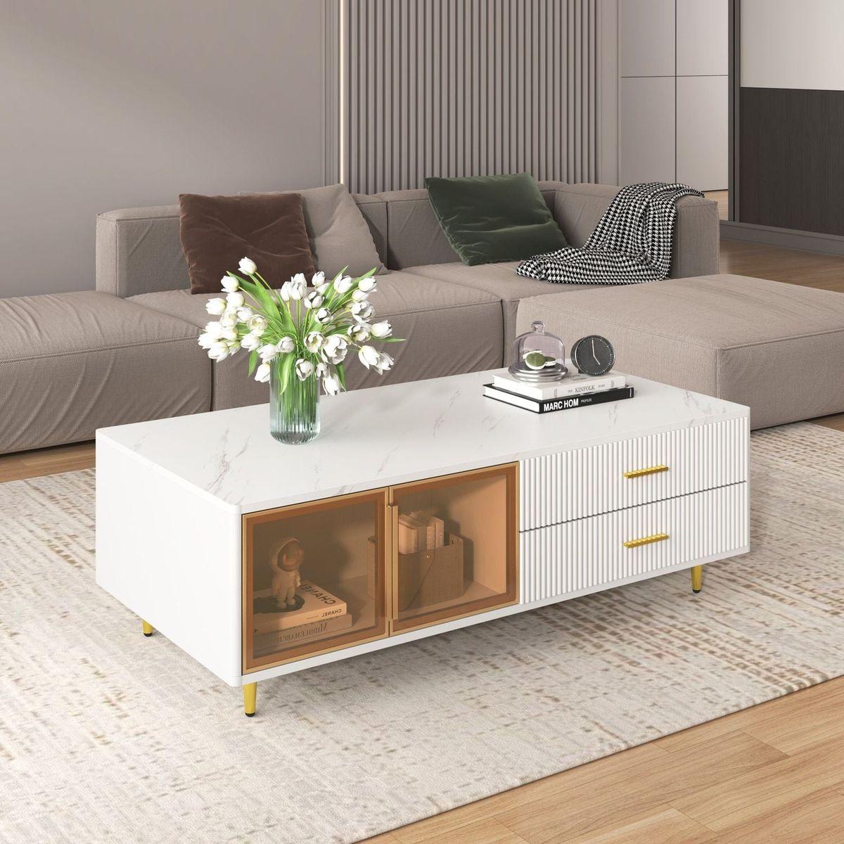 Modern White Coffee Table with 2 Glass Door Storage, 4 Drawers, Gold Metal Legs, and Multi-Color Lighting in 47.2"