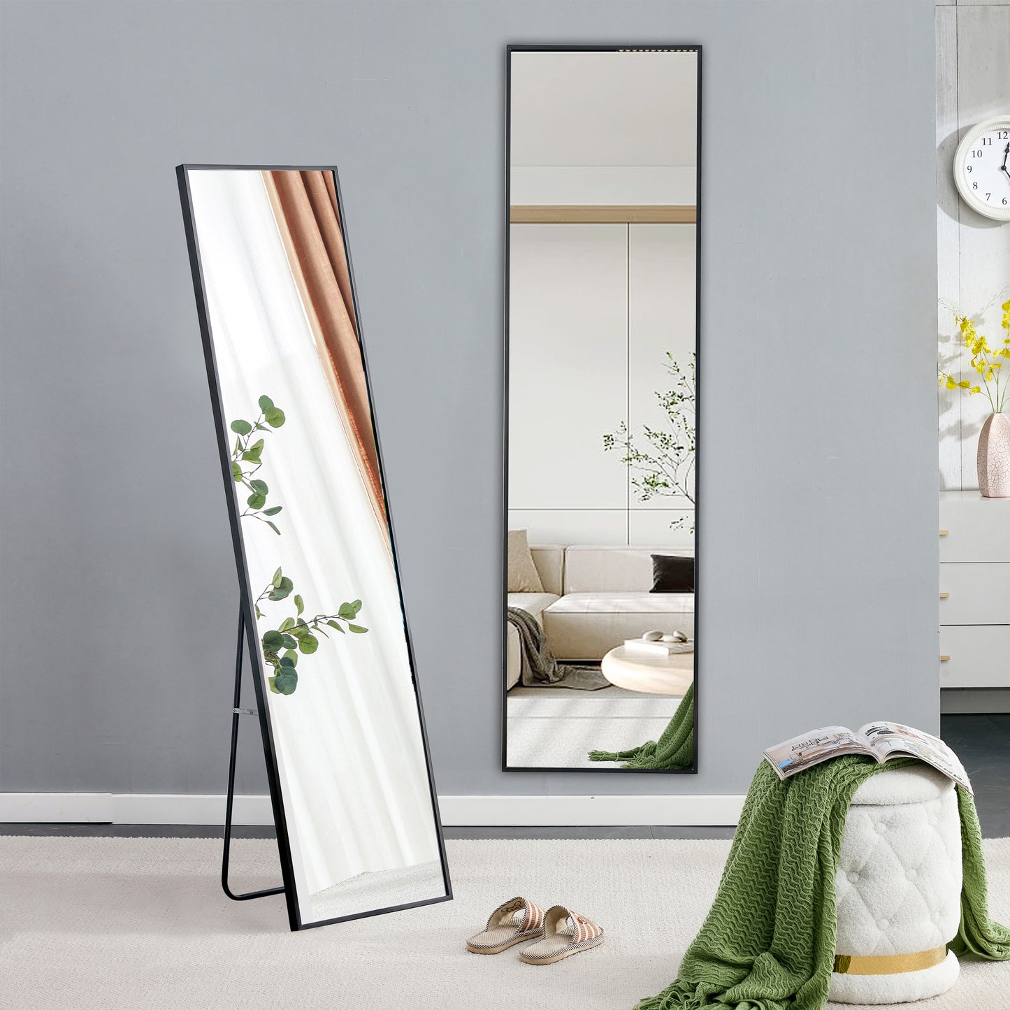 Aluminum alloy metal frame wall-mounted full-length mirror, Bathroom vanity mirror, bedroom porch, decorative mirror, clothing store, floor-to-ceiling mirror, black 65 x 23"